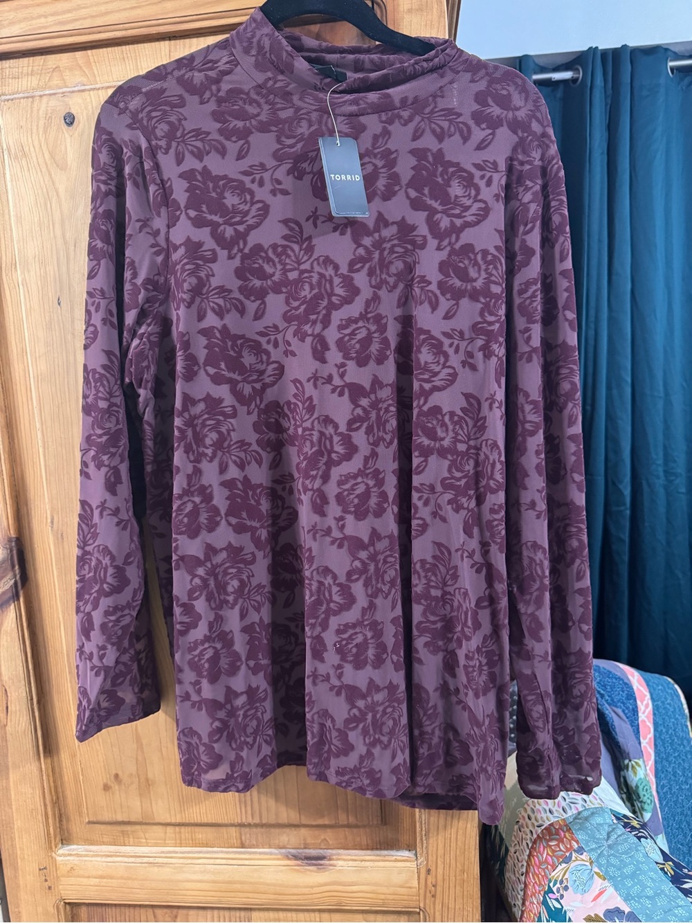 torrid Plum Floral Mock Neck Long-Sleeve Top